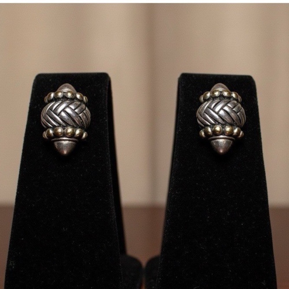 Vintage Mixed Metal Woven Basketweave Clip‎ On Statement Earrings Silver Gold
